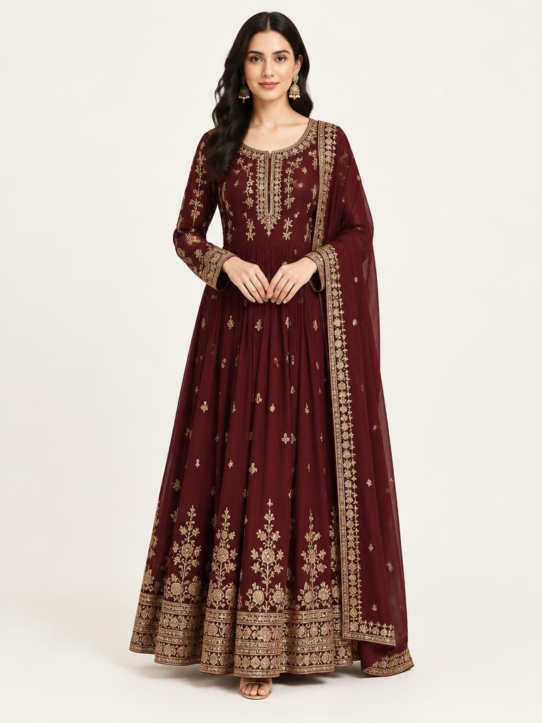 Burgundy Embroidered Anarkali Set